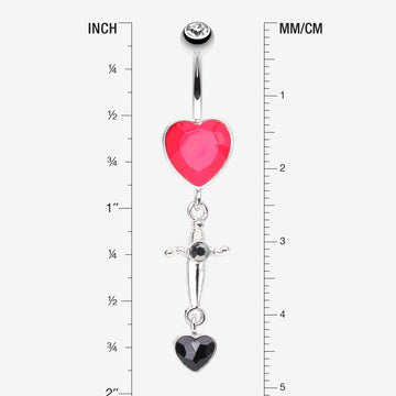 Detail View 1 of Dagger Heart Sparkle Dangle Belly Button Ring-Clear Gem/Red